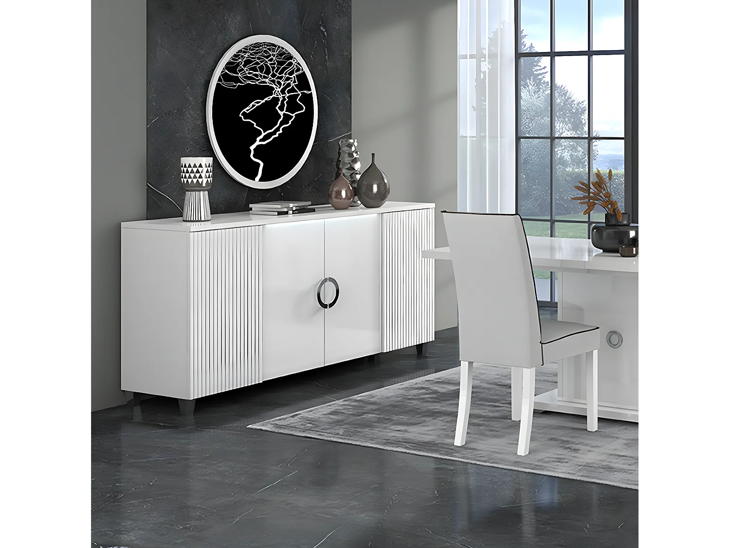 MARIKA - Buffet 4 Portes Laqué Blanc avec Leds