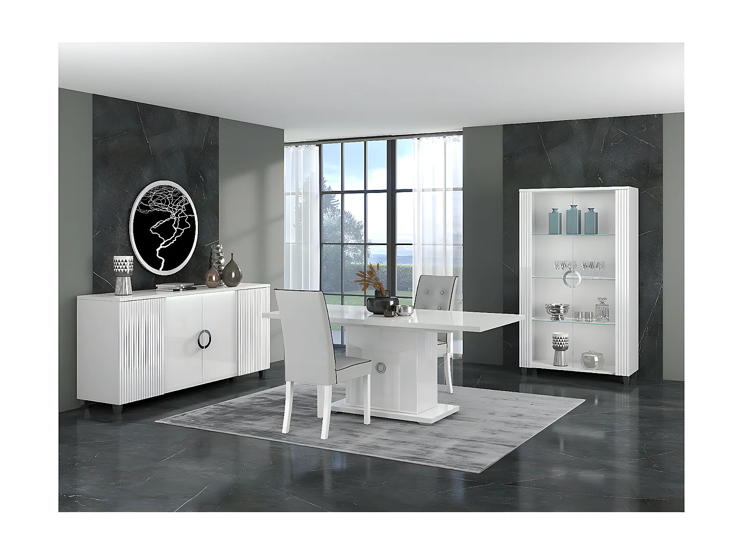 MARIKA - Buffet 4 Portes Laqué Blanc avec Leds
