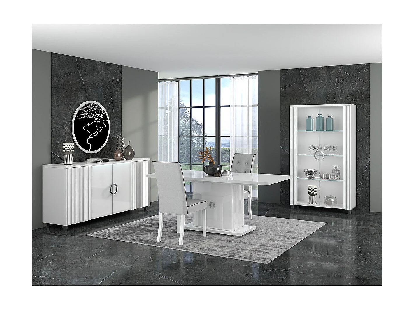 MARIKA - Buffet 4 Portes Laqué Blanc avec Leds
