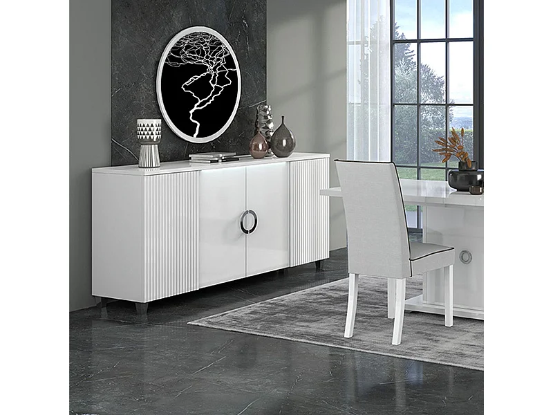 MARIKA - Buffet 4 Portes Laqué Blanc avec Leds