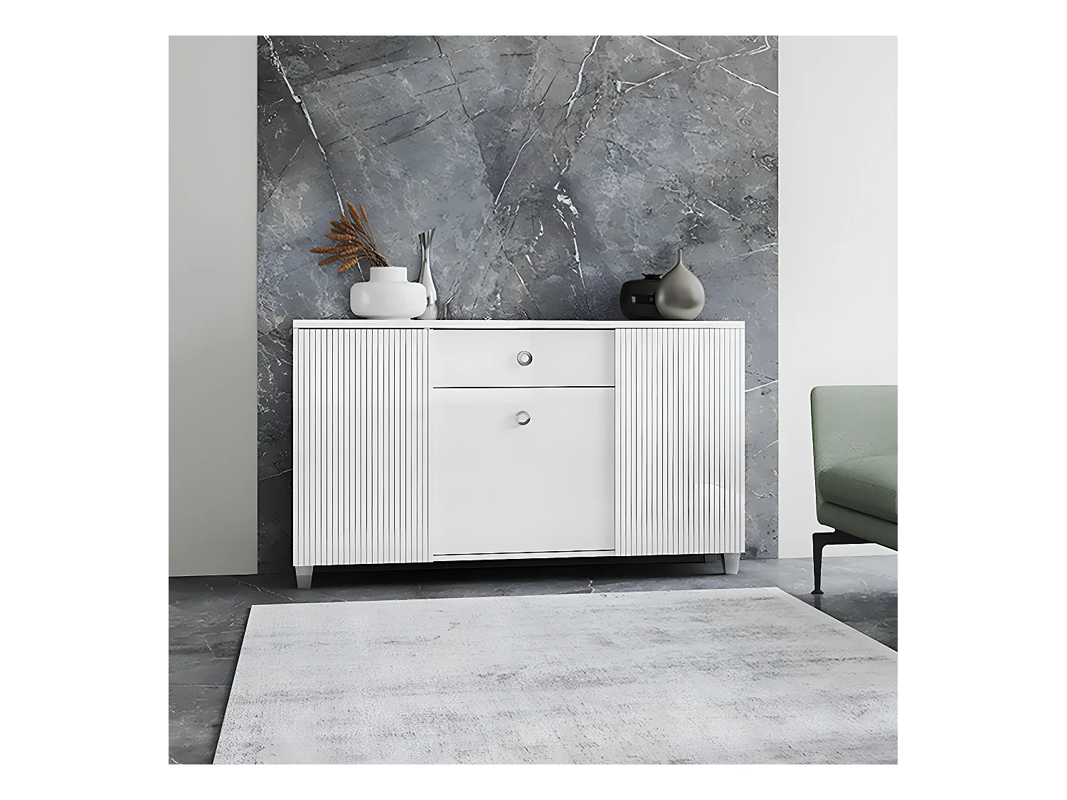 MARIKA - Buffet 3 Portes 1 Tiroir Laqué Blanc