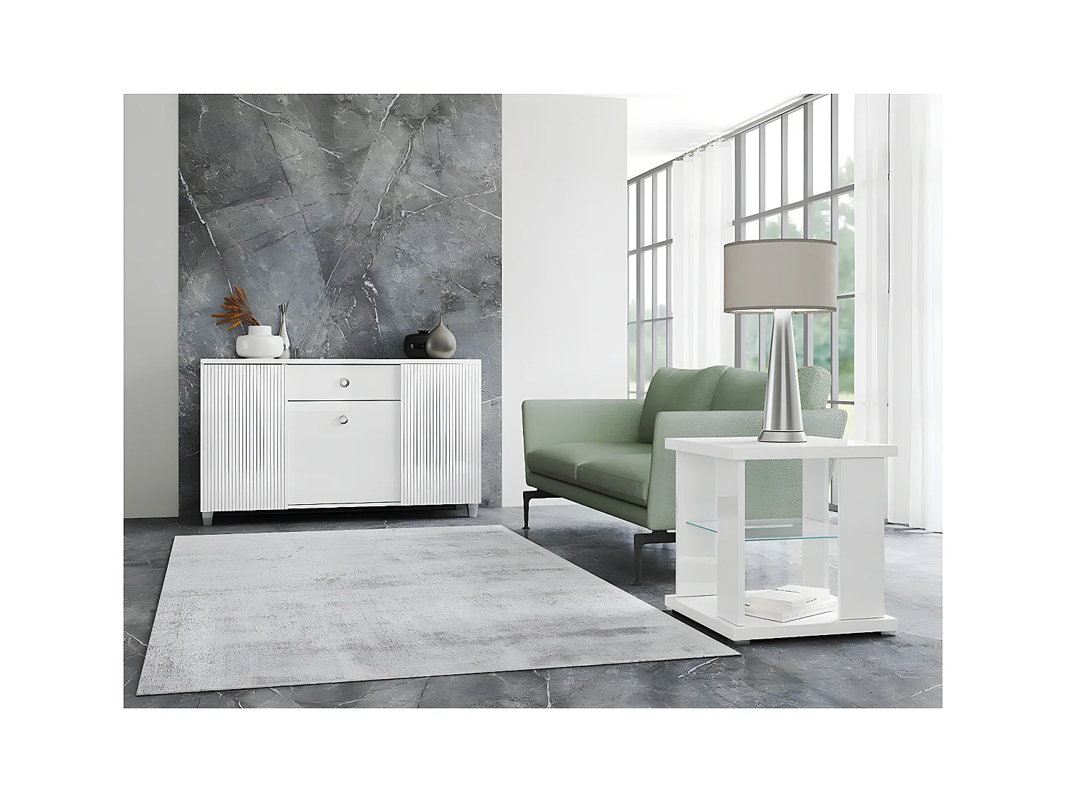 MARIKA - Buffet 3 Portes 1 Tiroir Laqué Blanc