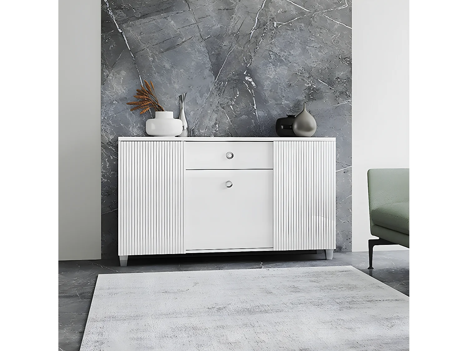 MARIKA - Buffet 3 Portes 1 Tiroir Laqué Blanc