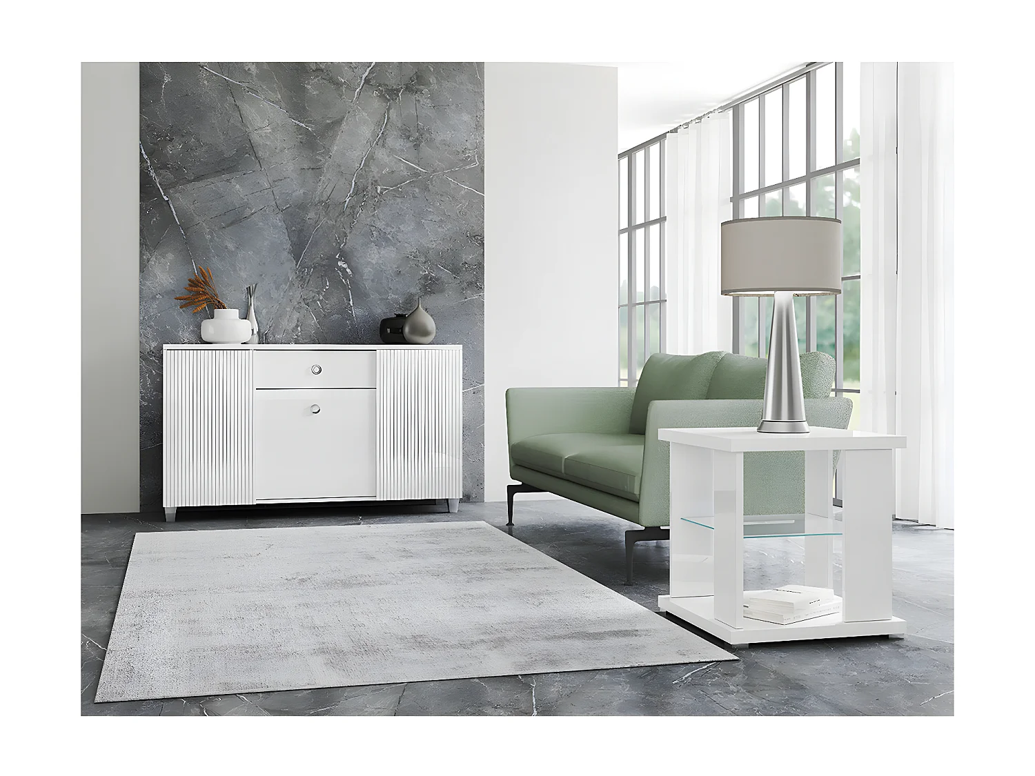 MARIKA - Buffet 3 Portes 1 Tiroir Laqué Blanc