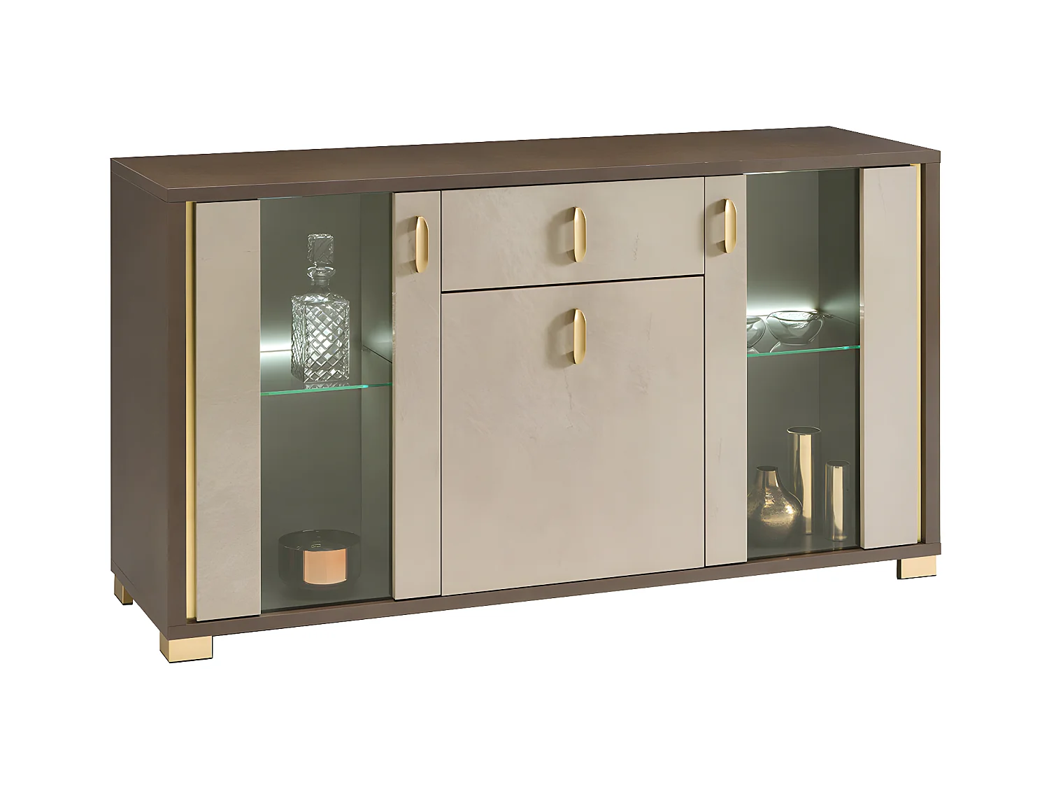 CREAMY - Buffet 3 Portes avec Leds Coloris Argile et Bronze