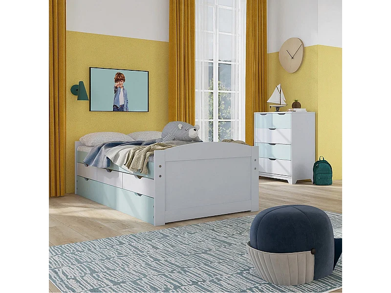 GLASCA - Ensemble Lit Gigogne 90x200cm + Commode Pin Massif