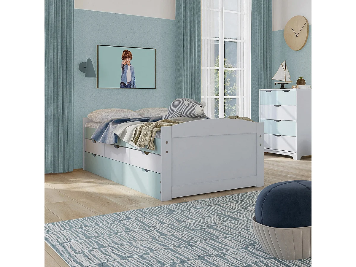 GLASCA - Ensemble Lit Gigogne 90x200cm + Commode Pin Massif