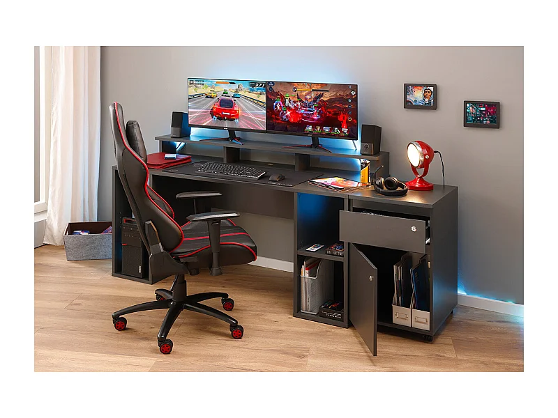 MARIO - Pack Bureau Gamer et Caisson Verouillable Anthracite