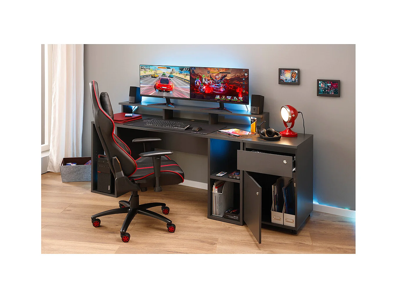 MARIO - Pack Bureau Gamer et Caisson Verouillable Anthracite