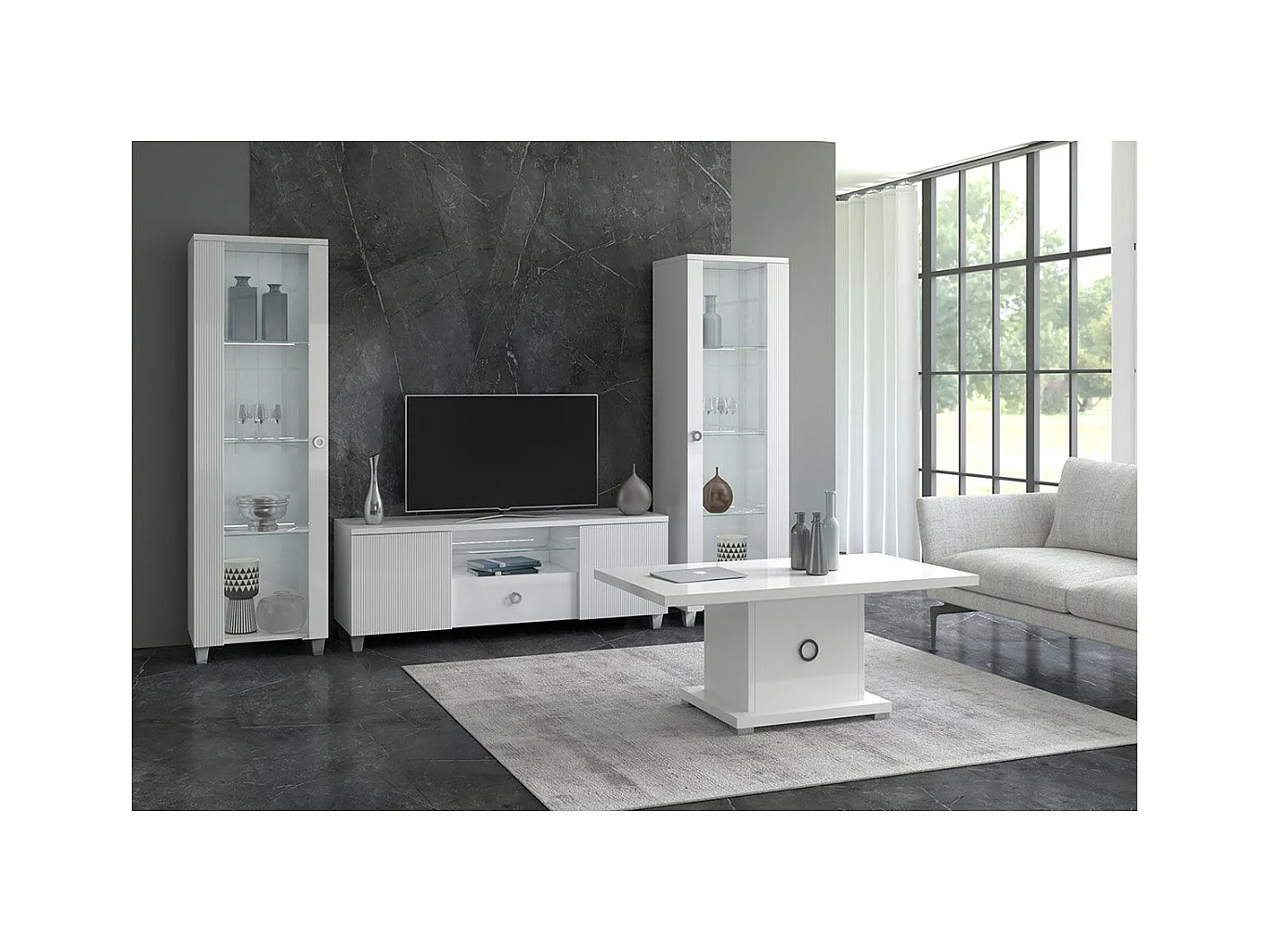 MARIKA - Ensemble Salon Laqué Blanc Brillant avec Leds