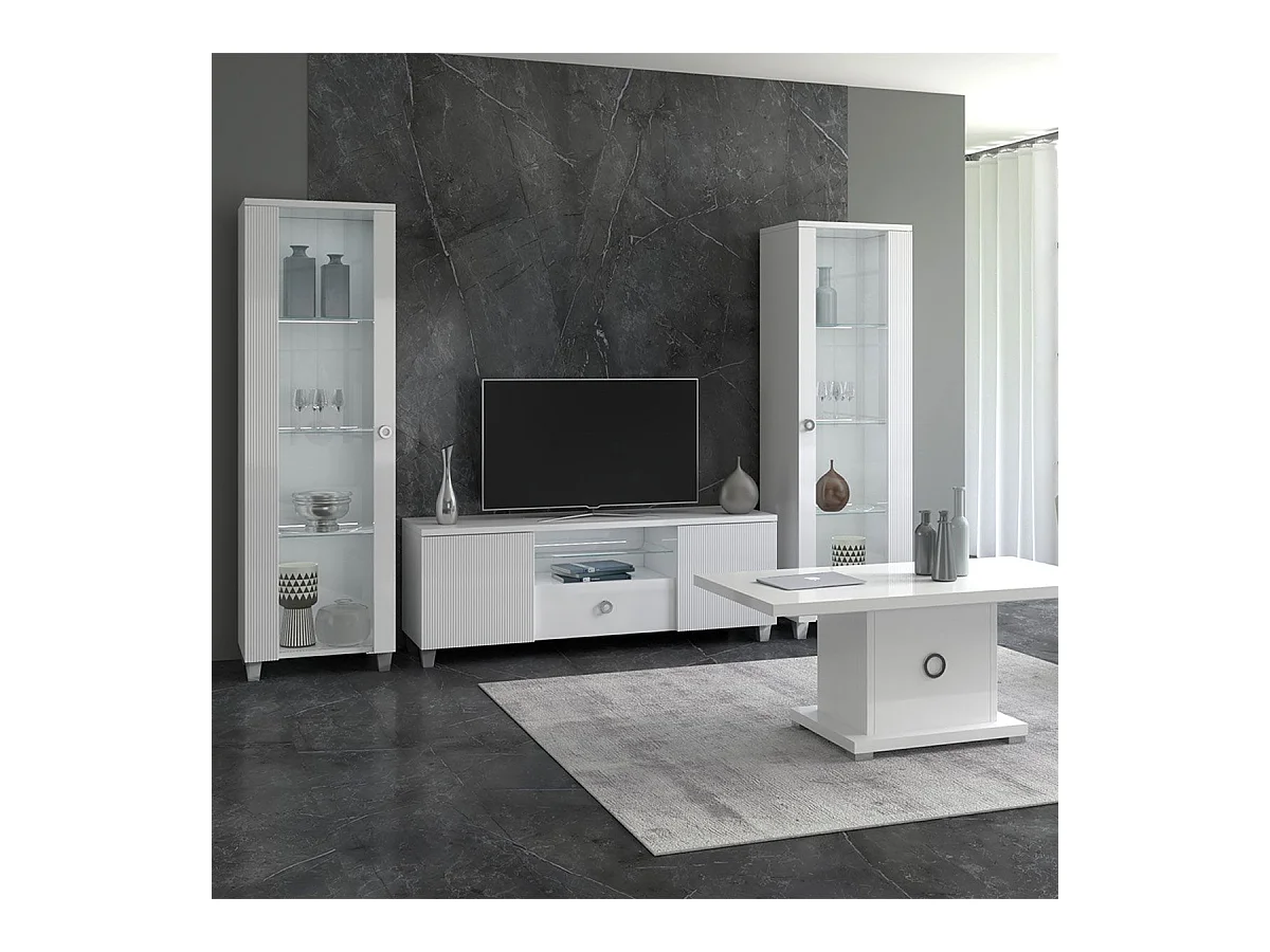 MARIKA - Ensemble Salon Laqué Blanc Brillant avec Leds