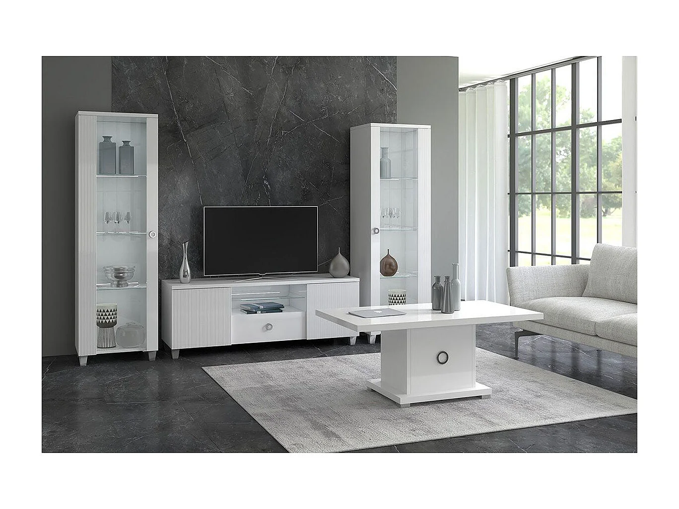 MARIKA - Ensemble Salon Laqué Blanc Brillant avec Leds