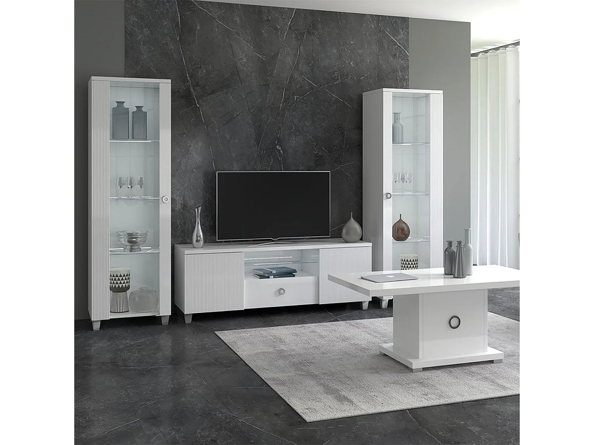 MARIKA - Ensemble Salon Laqué Blanc Brillant avec Leds