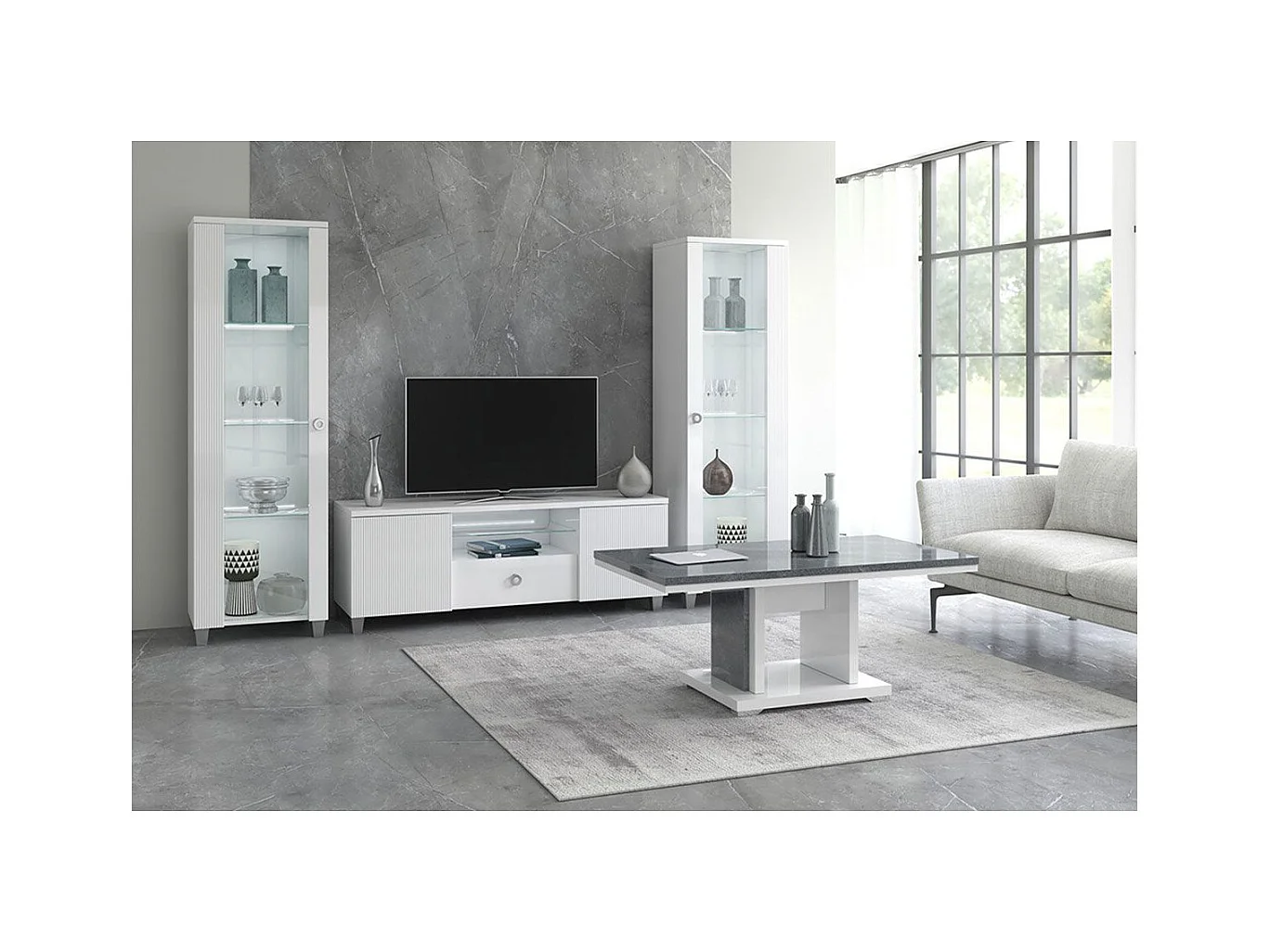 MARIKA - Ensemble Salon Blanc et Effet Pierre avec Leds