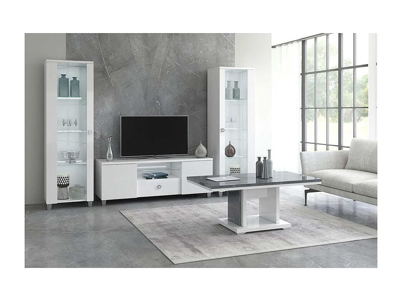 MARIKA - Ensemble Salon Blanc et Effet Pierre avec Leds