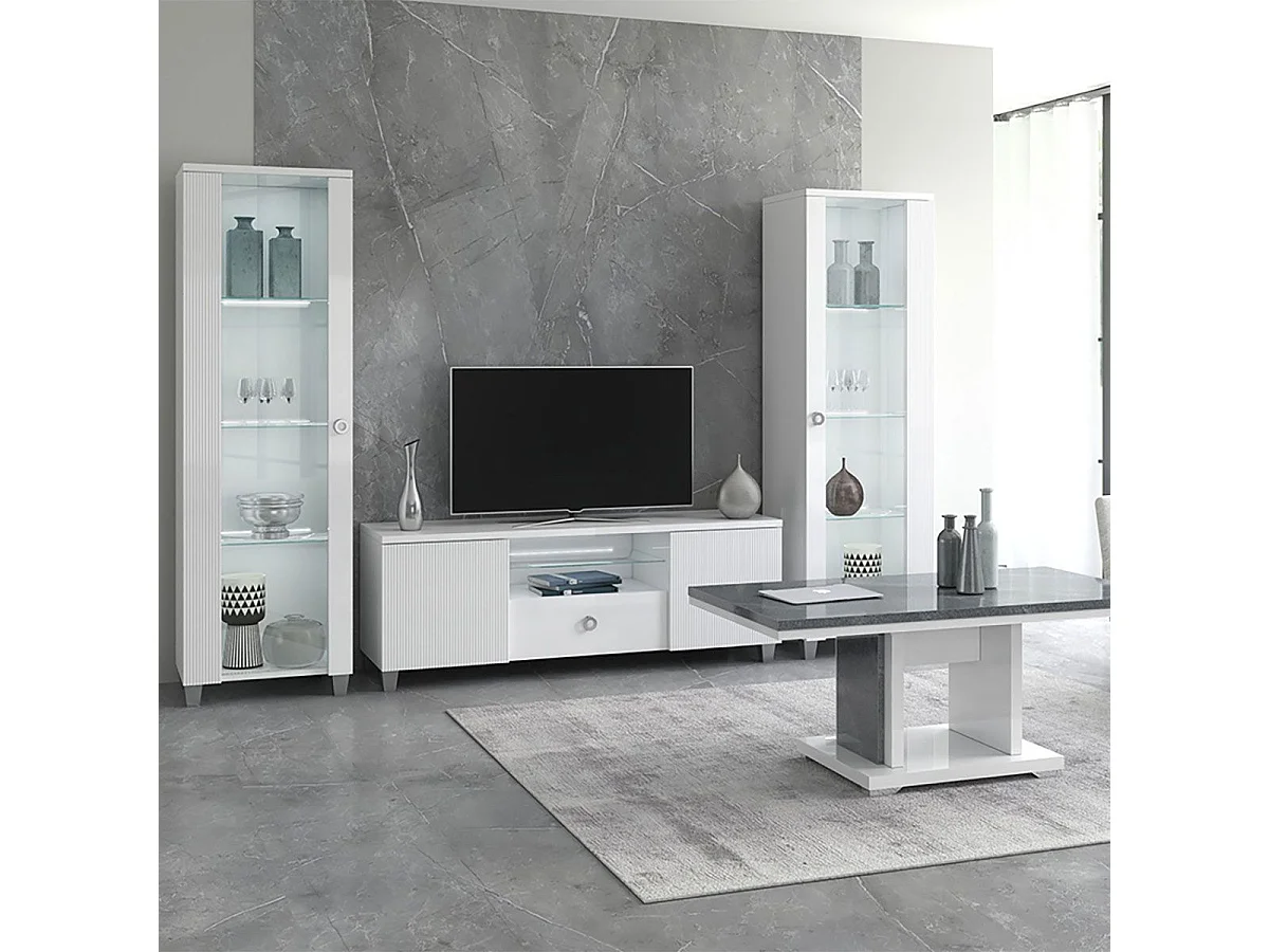 MARIKA - Ensemble Salon Blanc et Effet Pierre avec Leds