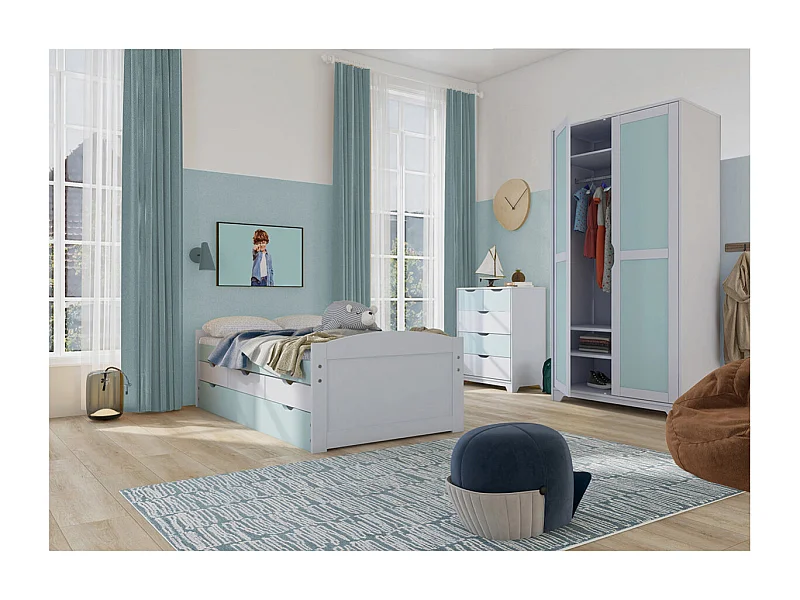 GLASCA - Chambre 90x200cm en Pin Massif Vert d'Eau et Blanc