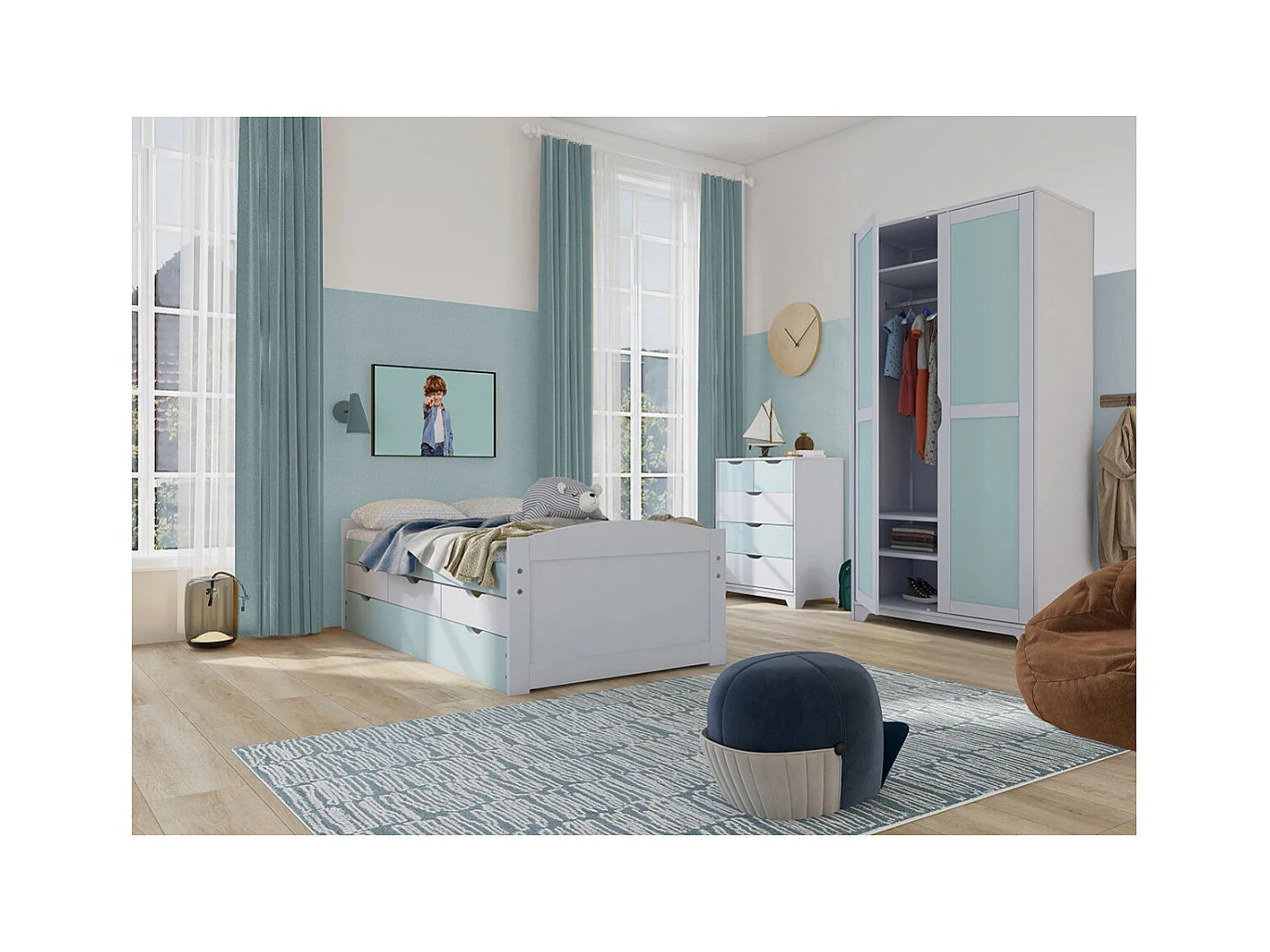 GLASCA - Chambre 90x200cm en Pin Massif Vert d'Eau et Blanc