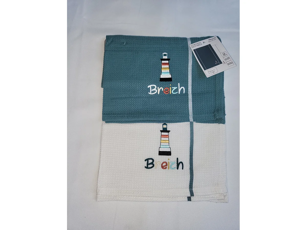 Lot de 2 torchons nid d abeille 50 x 70 cm Phare breizh bretagne