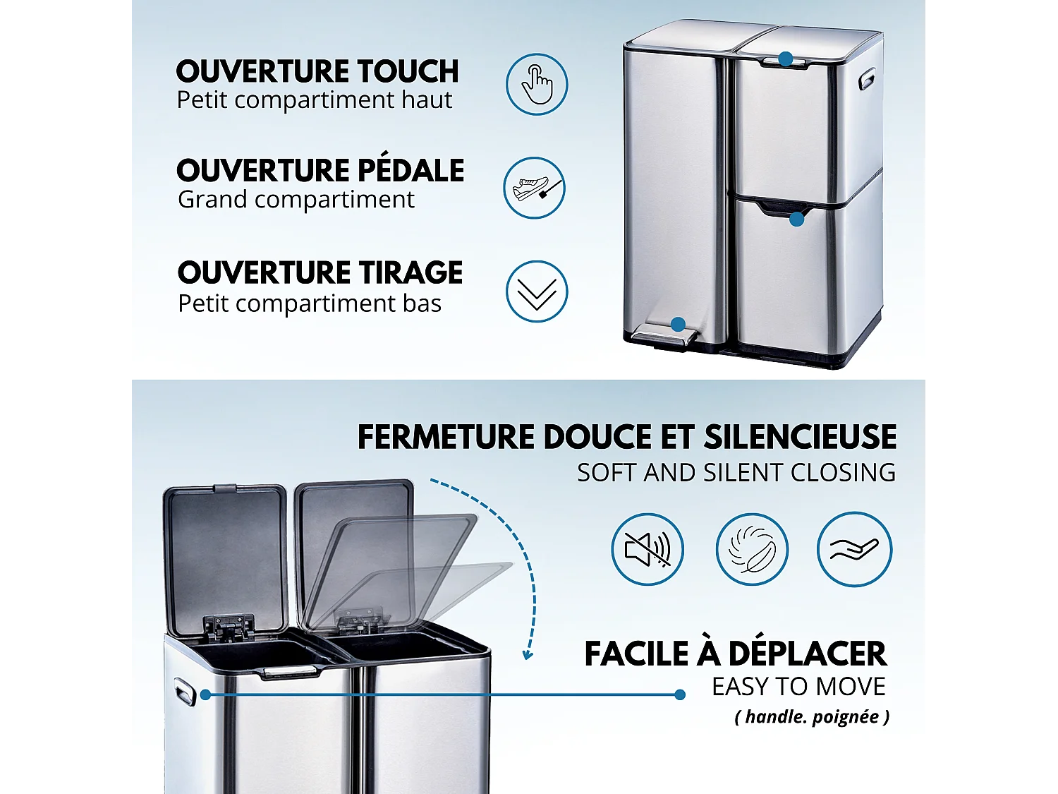 Poubelle pédale tri sélectif HAJA argent 60L