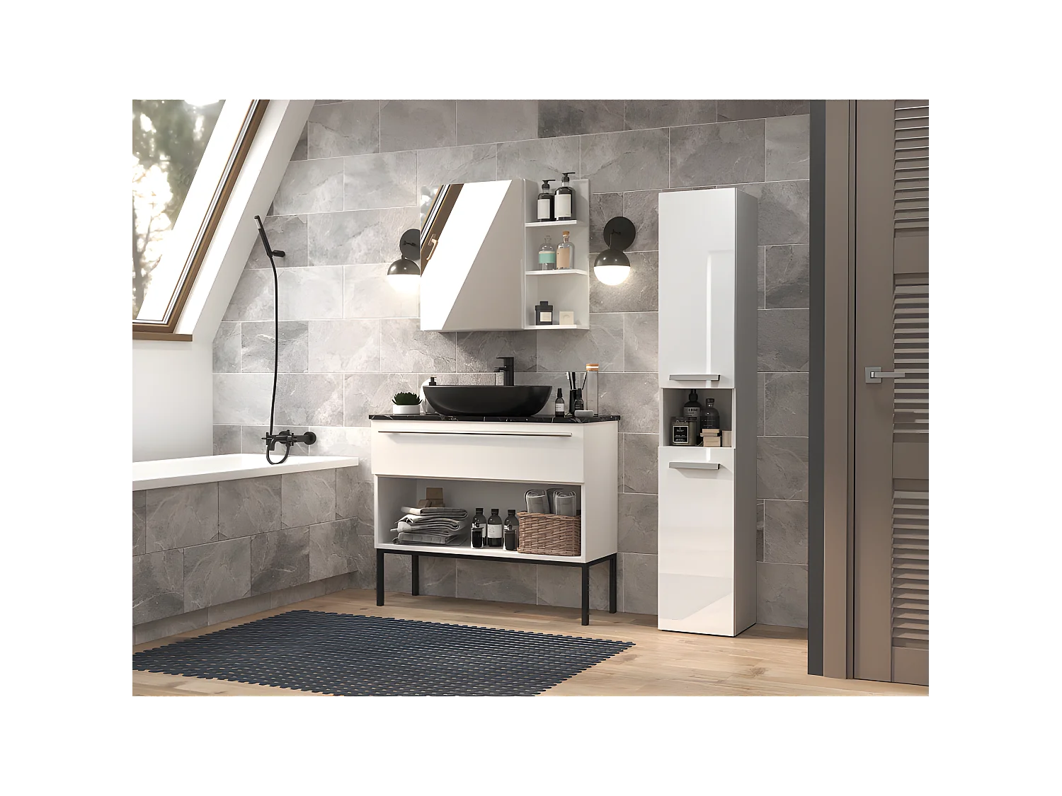 HORTI - Meuble salle de bain avec panier à linge - 31x30x174cm - Colonne rangement SDB