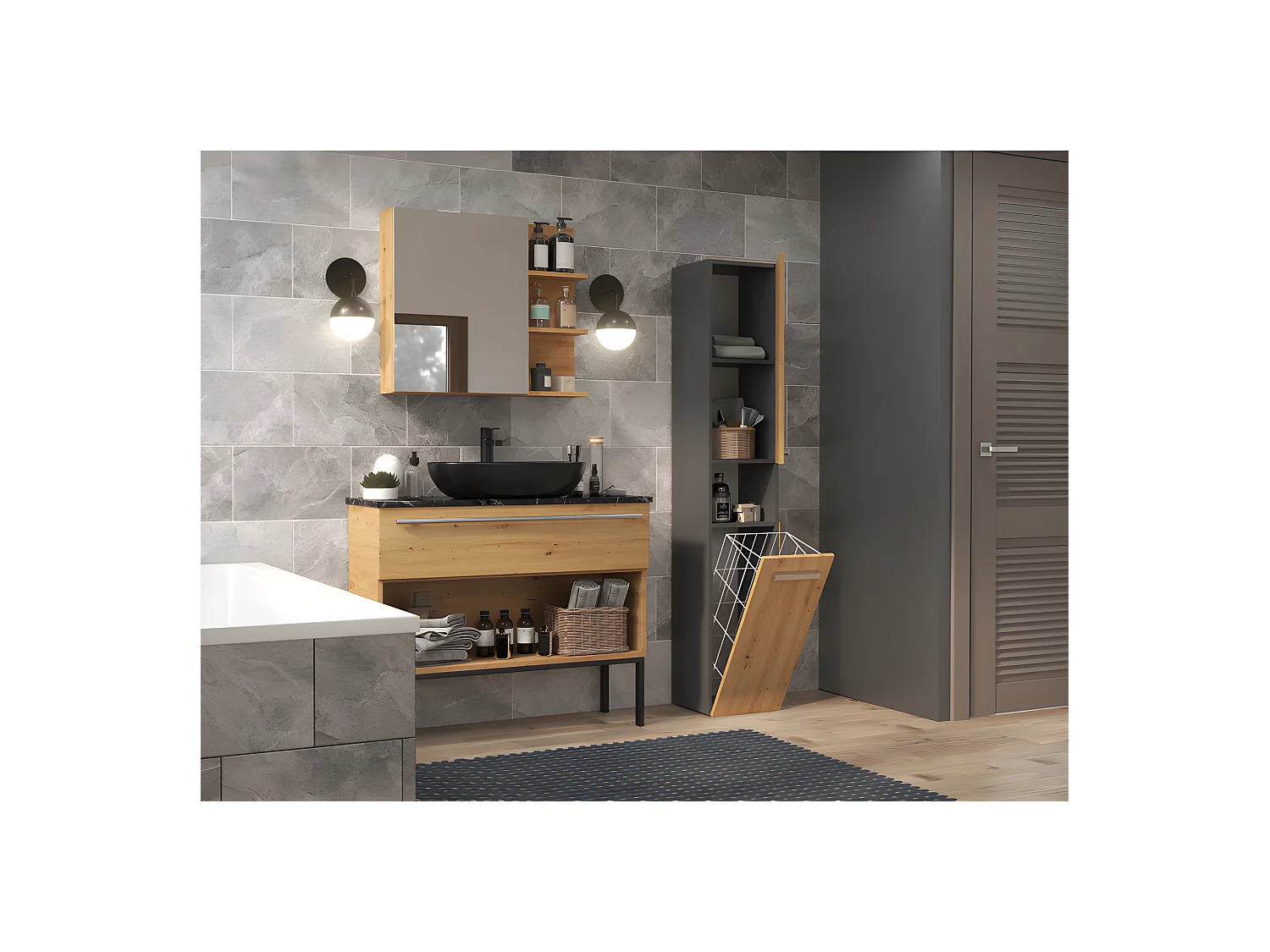 HORTI - Mueble de baño con cesto de ropa - 31x30x174 cm - Columna de almacenaje para baño