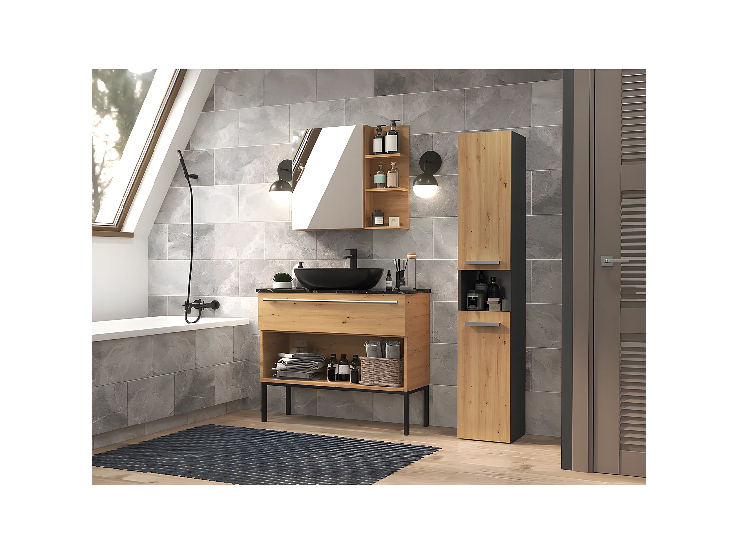 HORTI - Mueble de baño con cesto de ropa - 31x30x174 cm - Columna de almacenaje para baño