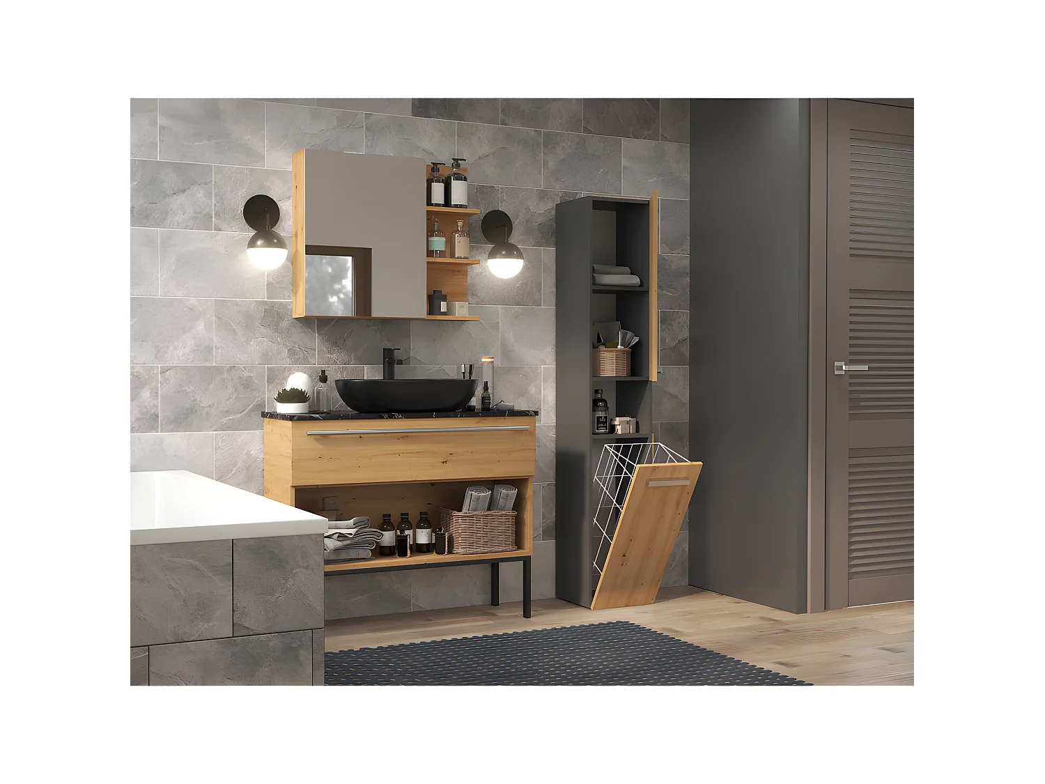 HORTI - Mueble de baño con cesto de ropa - 31x30x174 cm - Columna de almacenaje para baño