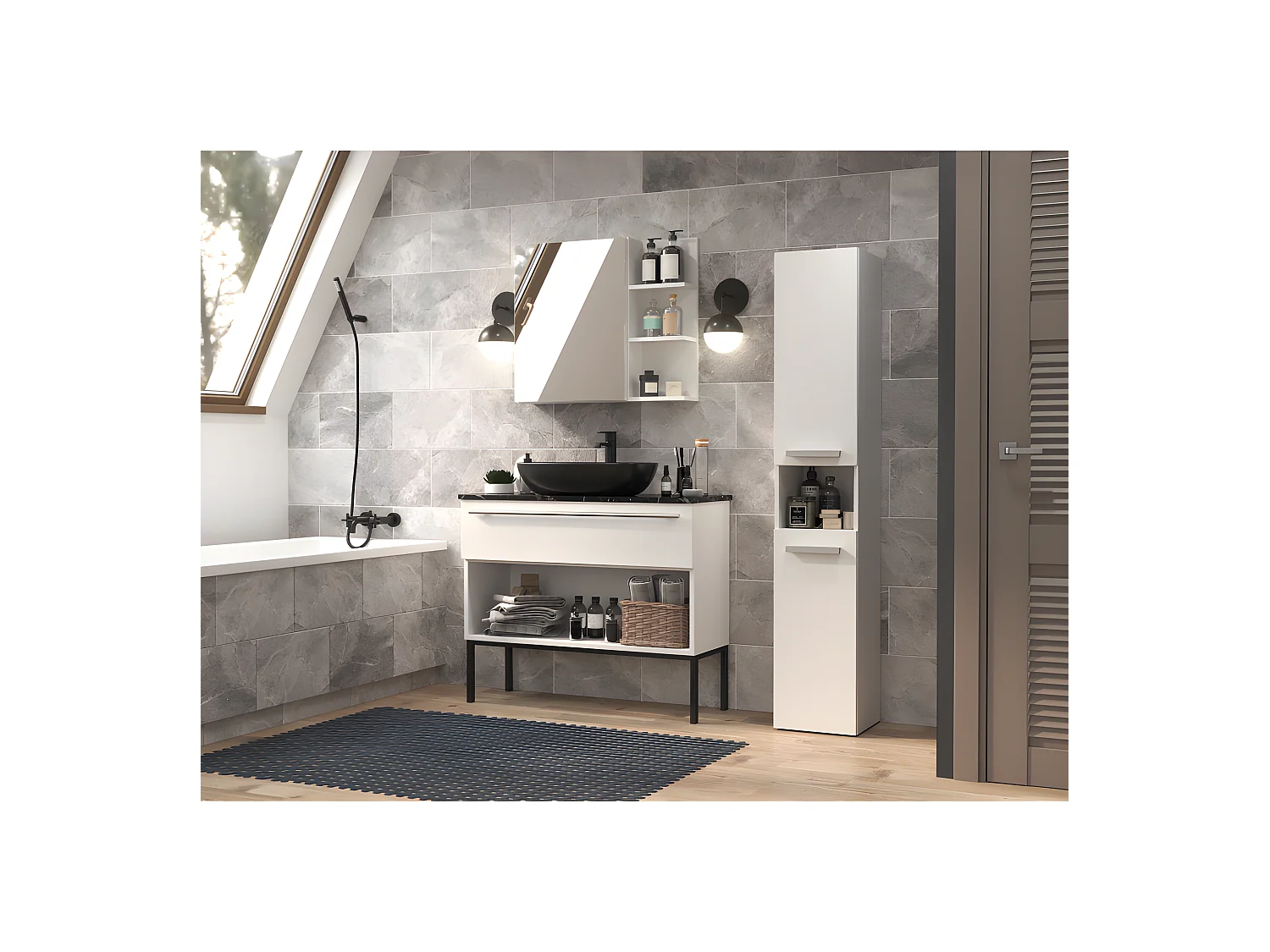 HORTI - Meuble salle de bain avec panier à linge - 31x30x174 cm - Colonne rangement SDB