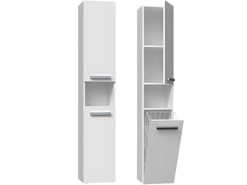 CDF Bad-Hochschrank NEL LLL | Farbe: Weiß | Modernes Badregal | Stauraumschrank | Geräumige Einlegeböden | Türen | Einfache Montage | Stilvolle Griffe | Wäschekorb