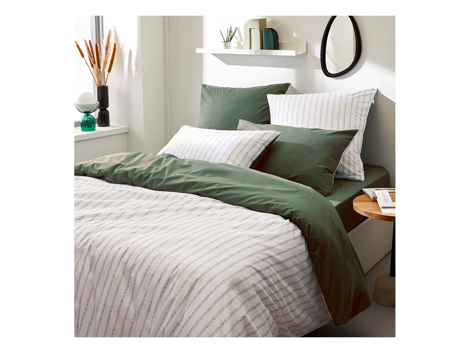 Parure de lit 240x220 cm 65x65 cm percale coton GABY vert Kaki 3 pièces