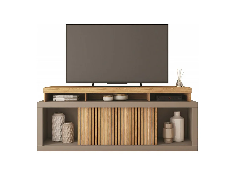 Meuble TV 70 Pouces Chêne et Gris 2 Portes Coulissantes L. 180 H 74 P 39.5 cm