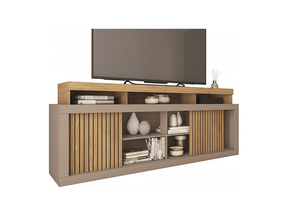 Meuble TV 70 Pouces Chêne et Gris 2 Portes Coulissantes L. 180 H 74 P 39.5 cm