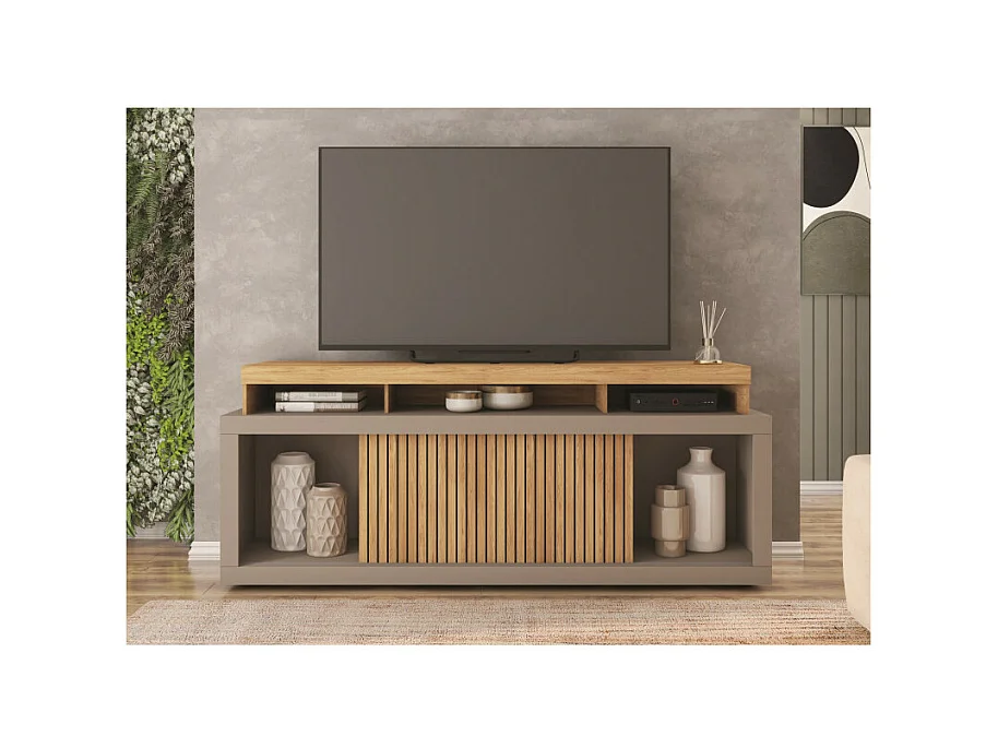 Meuble TV 70 Pouces Chêne et Gris 2 Portes Coulissantes L. 180 H 74 P 39.5 cm