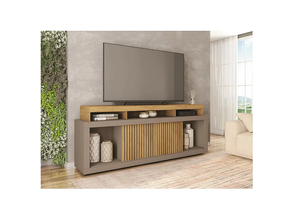 Meuble TV 70 Pouces Chêne et Gris 2 Portes Coulissantes L. 180 H 74 P 39.5 cm