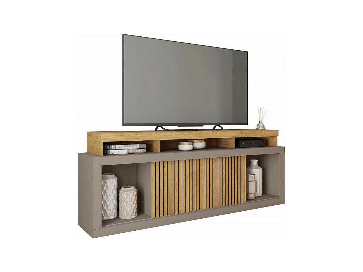 Meuble TV 70 Pouces Chêne et Gris 2 Portes Coulissantes L. 180 H 74 P 39.5 cm