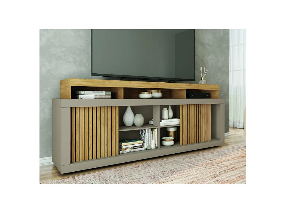 Meuble TV 70 Pouces Chêne et Gris 2 Portes Coulissantes L. 180 H 74 P 39.5 cm