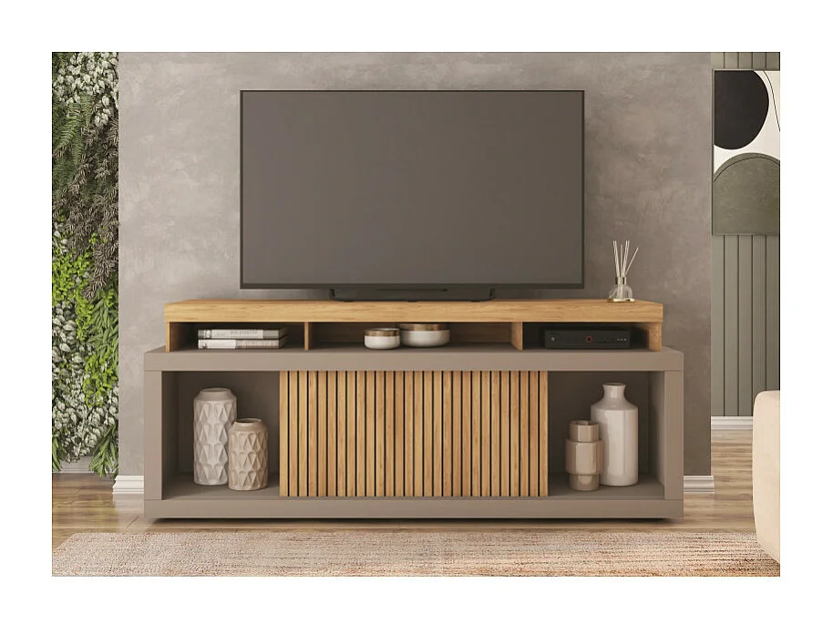 Meuble TV 70 Pouces Chêne et Gris 2 Portes Coulissantes L. 180 H 74 P 39.5 cm