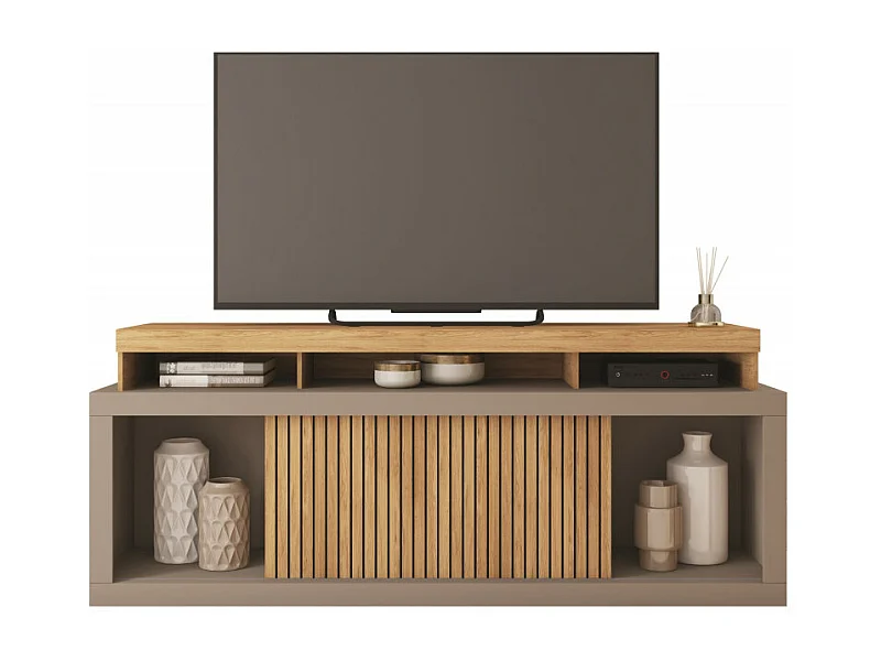 Meuble TV 70 Pouces Chêne et Gris 2 Portes Coulissantes L. 180 H 74 P 39.5 cm