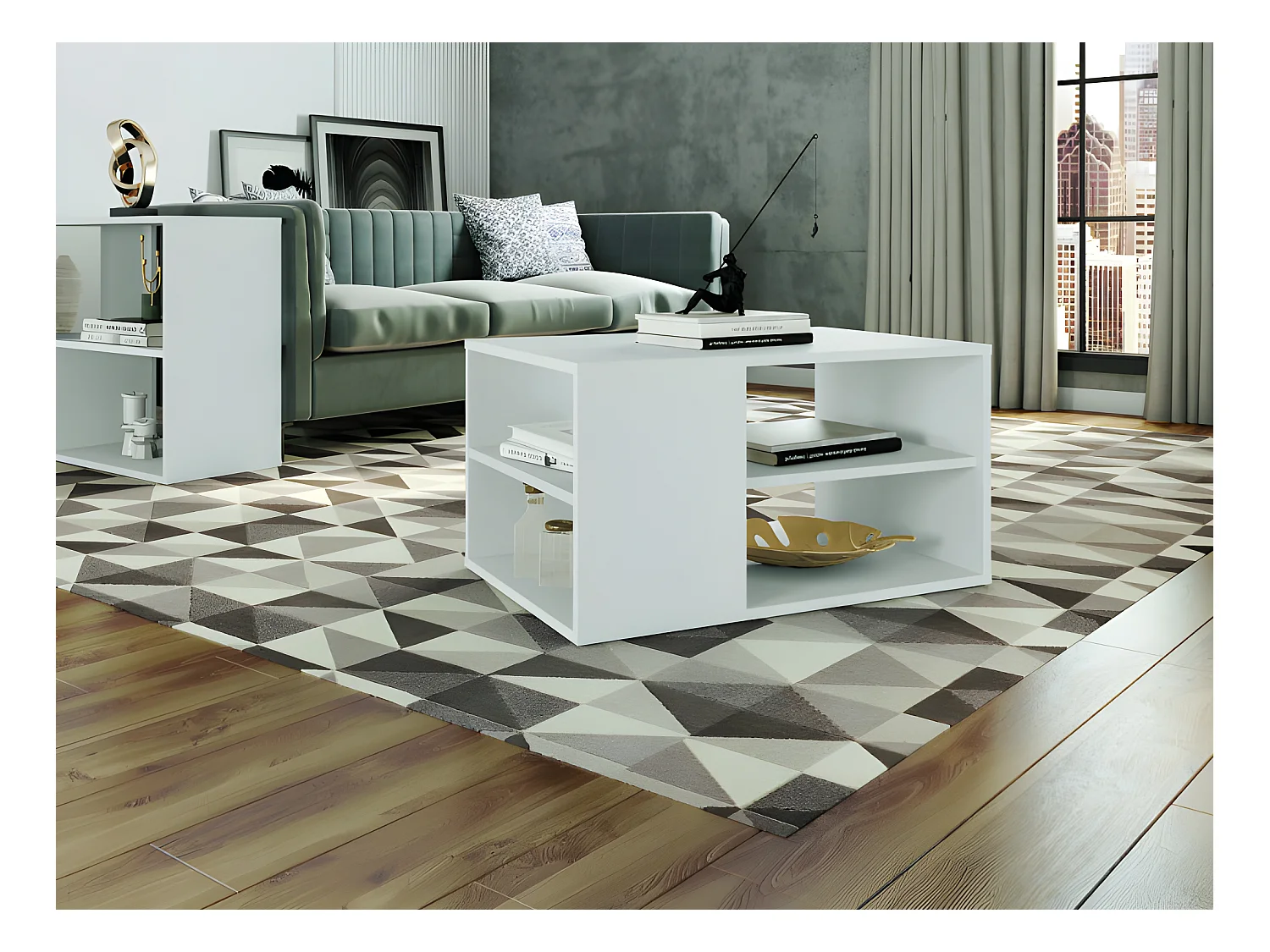 Table Basse Rectangle Blanche 4 Niches L 68 H 36.2 P 45 cm