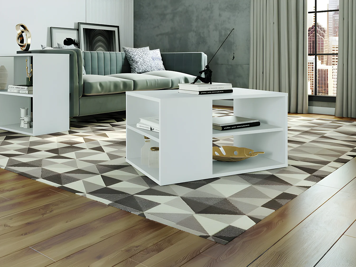 Table Basse Rectangle Blanche 4 Niches L 68 H 36.2 P 45 cm