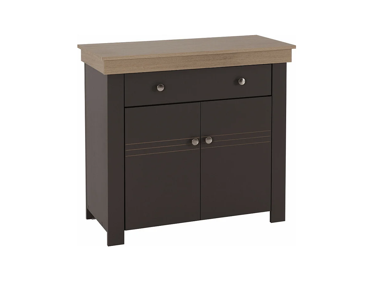 Buffet Bas 2 Portes 1 Tiroir Chêne et Gris Corniche L 88 H 81.5 P 39.7 cm