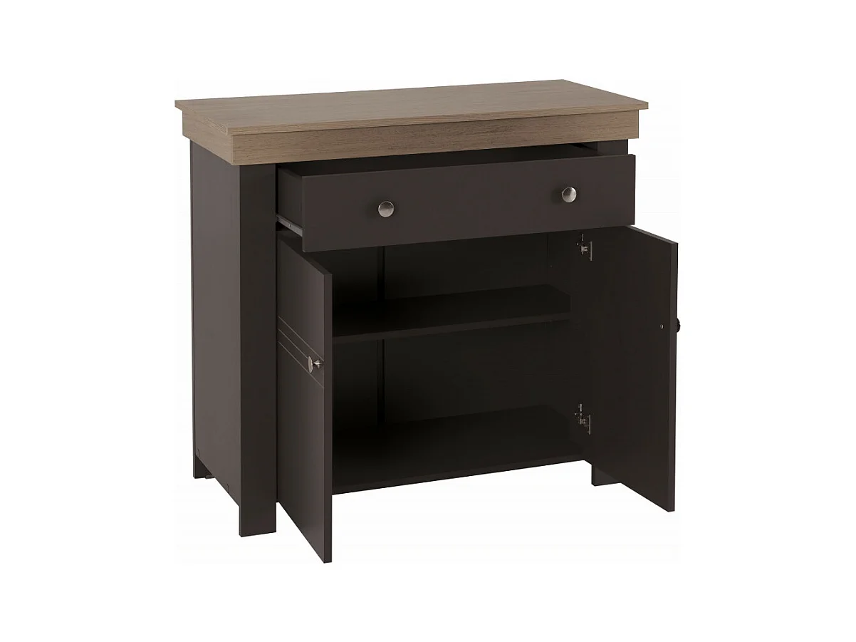 Buffet Bas 2 Portes 1 Tiroir Chêne et Gris Corniche L 88 H 81.5 P 39.7 cm