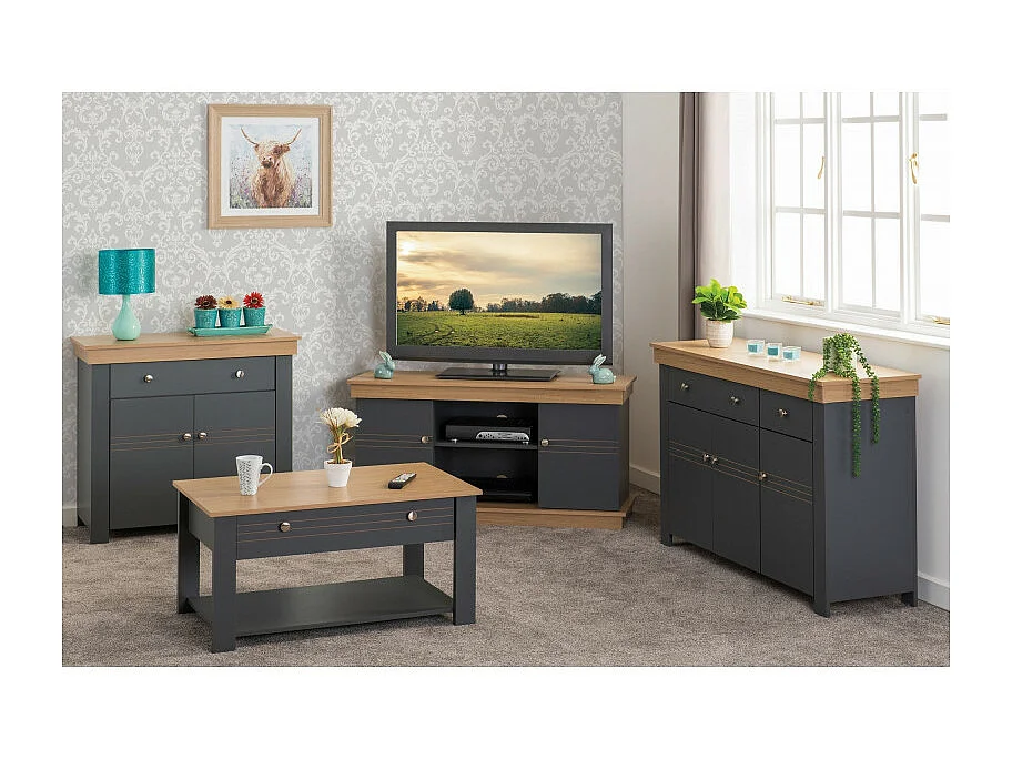 Buffet Bas 2 Portes 1 Tiroir Chêne et Gris Corniche L 88 H 81.5 P 39.7 cm