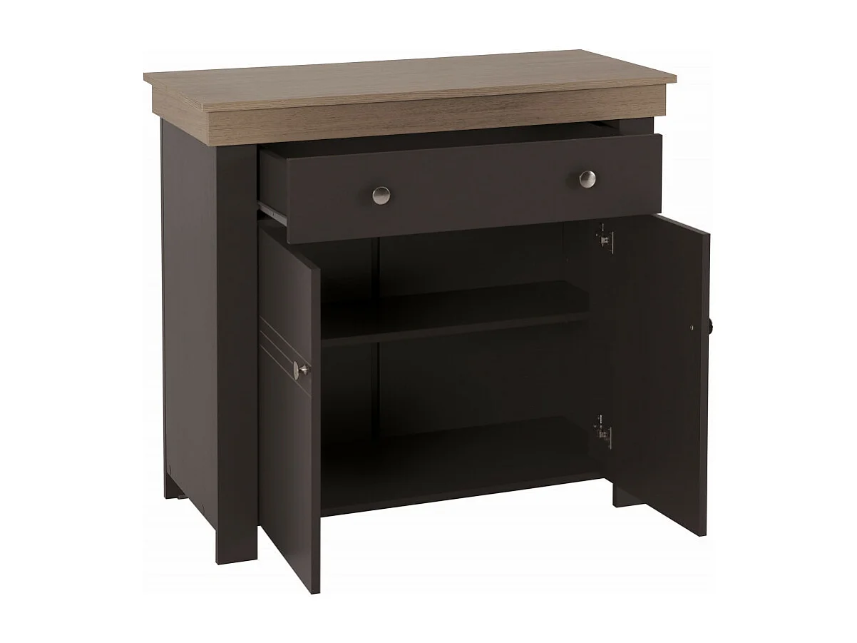 Buffet Bas 2 Portes 1 Tiroir Chêne et Gris Corniche L 88 H 81.5 P 39.7 cm