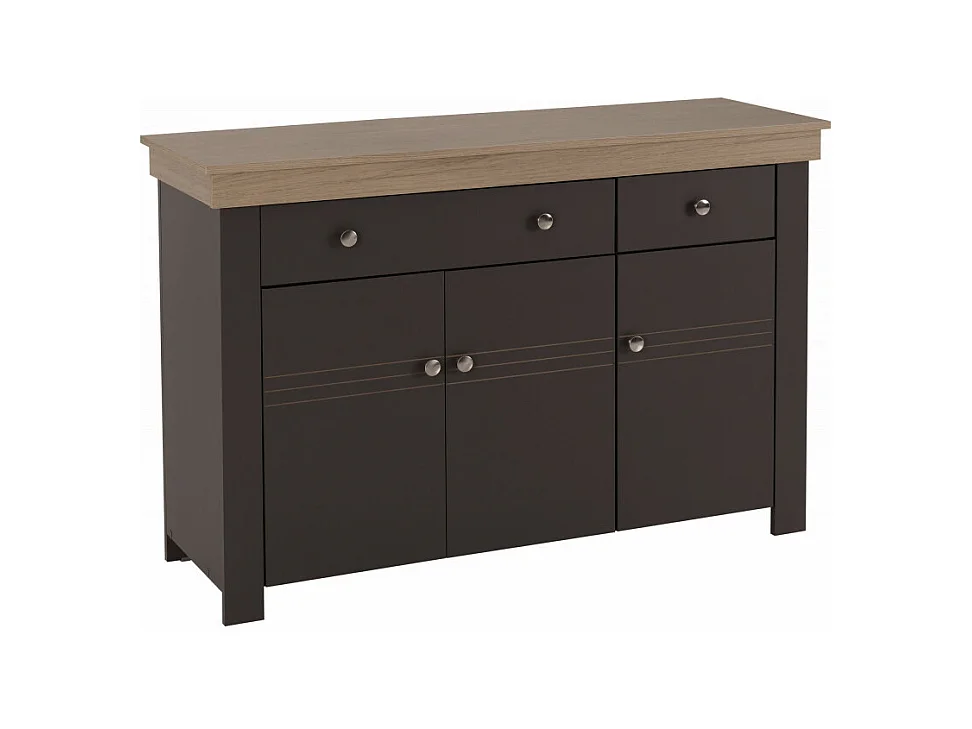 Buffet Bas 3 Portes 2 Tiroirs Chêne et Gris Corniche L 122 P 81.3 P 39.7 cm