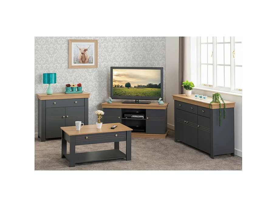 Buffet Bas 3 Portes 2 Tiroirs Chêne et Gris Corniche L 122 P 81.3 P 39.7 cm