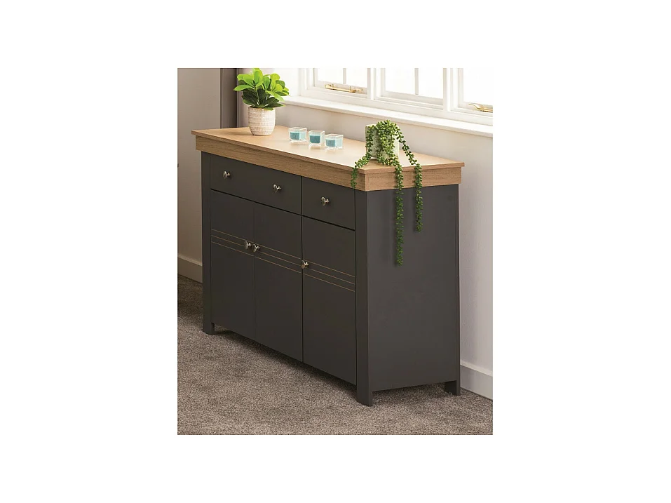 Buffet Bas 3 Portes 2 Tiroirs Chêne et Gris Corniche L 122 P 81.3 P 39.7 cm