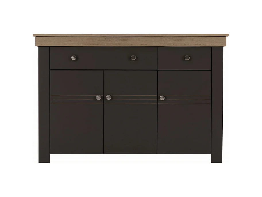 Buffet Bas 3 Portes 2 Tiroirs Chêne et Gris Corniche L 122 P 81.3 P 39.7 cm
