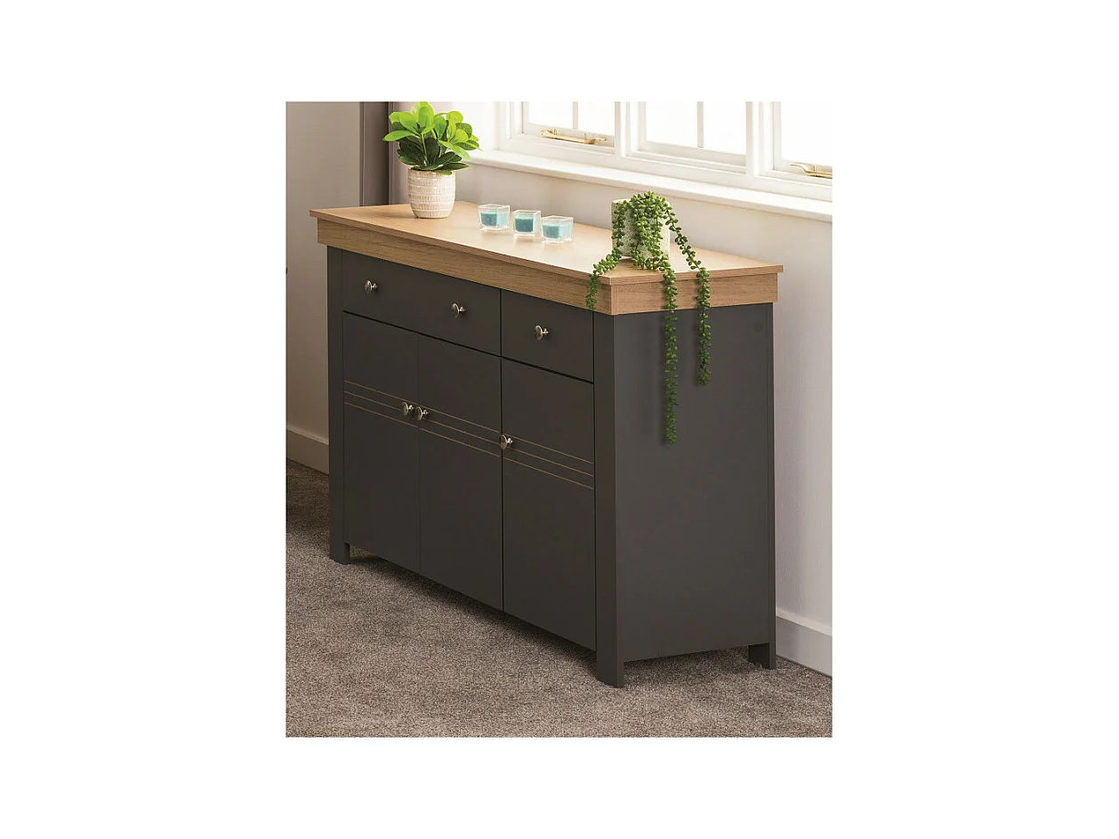 Buffet Bas 3 Portes 2 Tiroirs Chêne et Gris Corniche L 122 P 81.3 P 39.7 cm